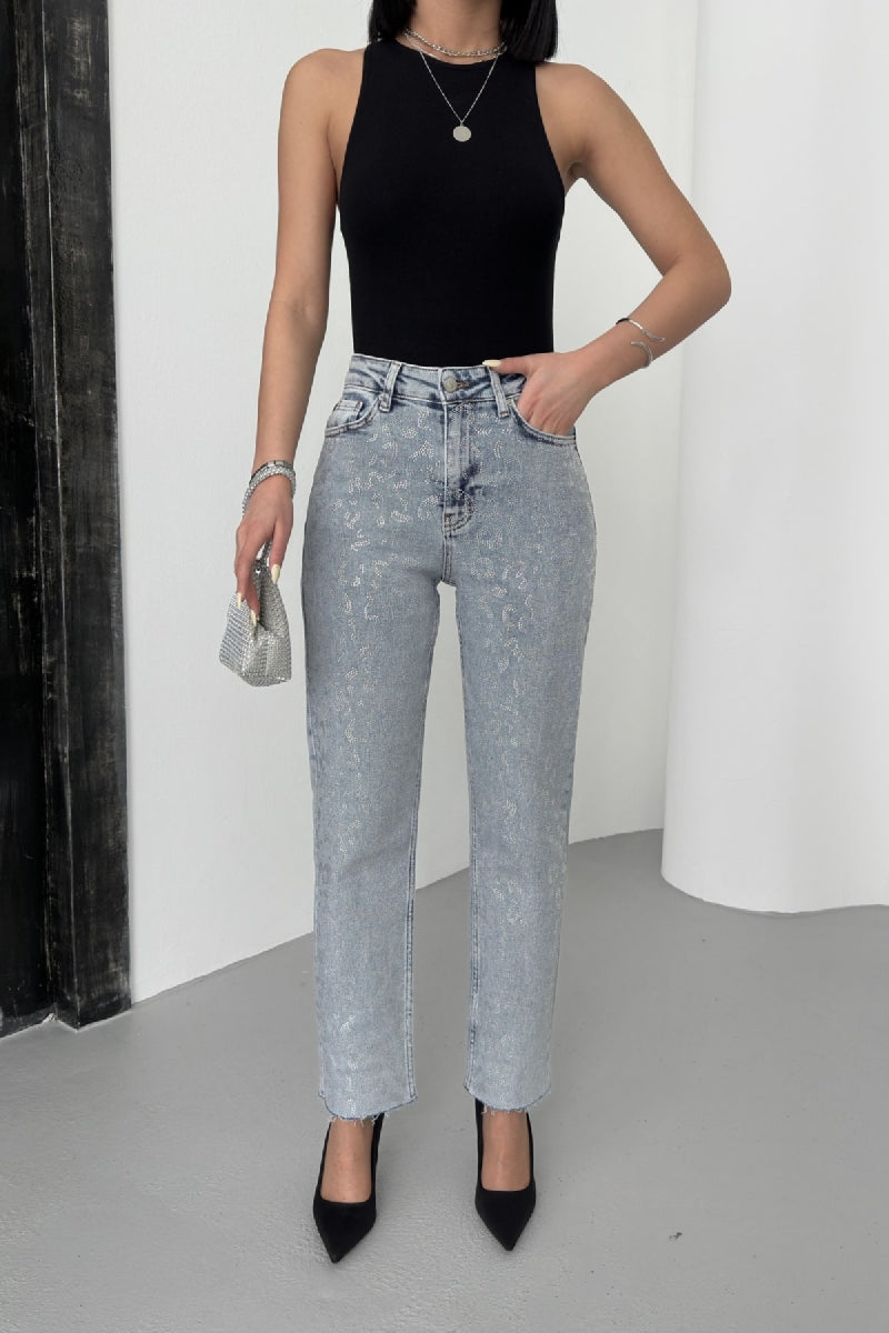 Leopar Taşlı Mom Fit Kot Pantolon
