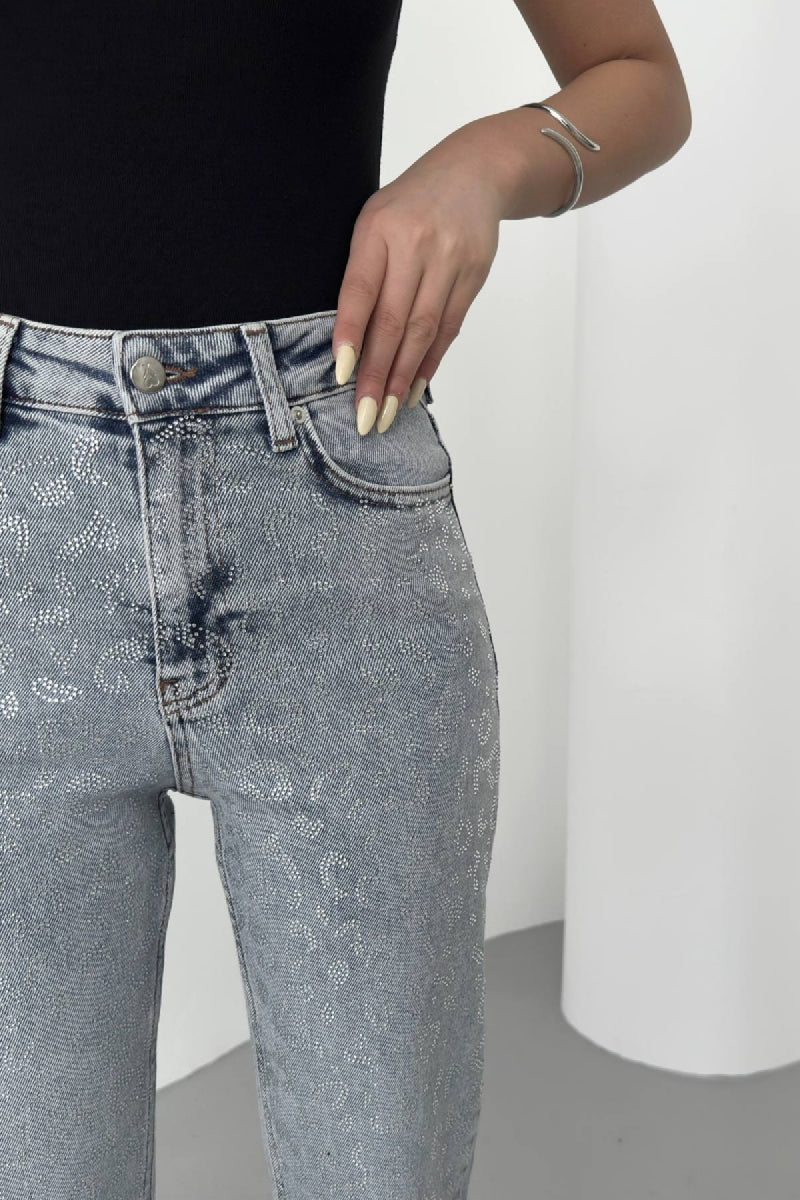 Leopar Taşlı Mom Fit Kot Pantolon