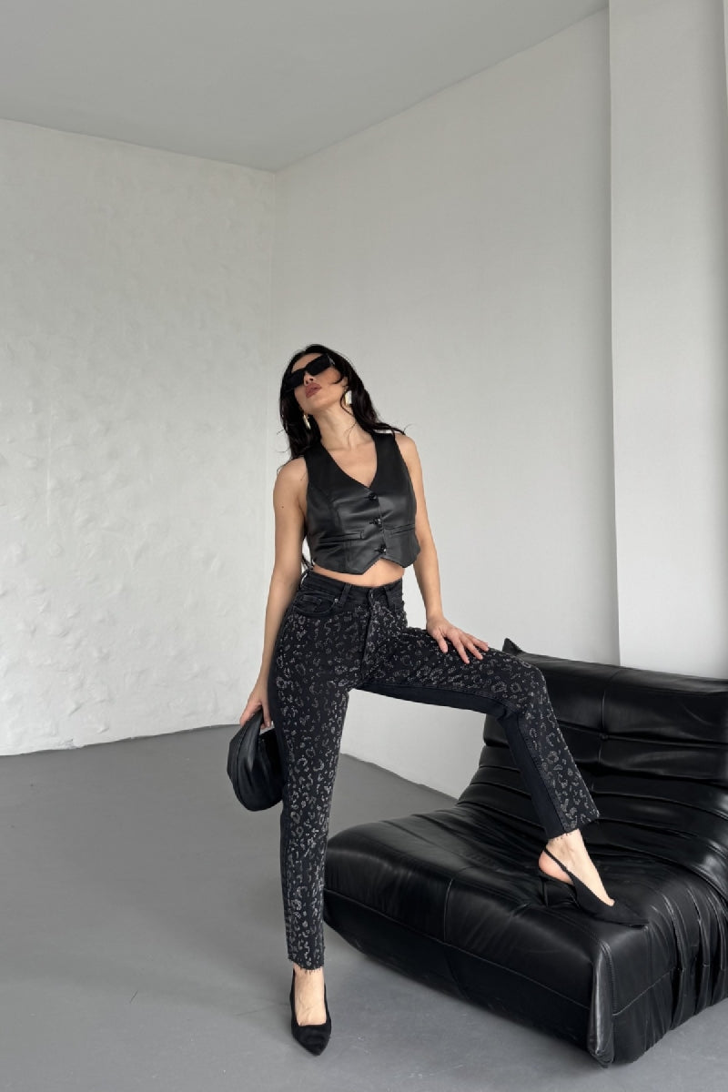 Leopar Taşlı Mom Fit Kot Pantolon