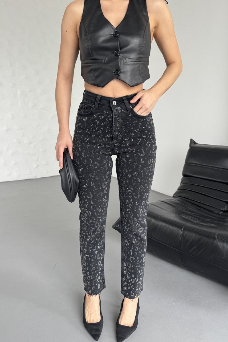 Leopar Taşlı Mom Fit Kot Pantolon