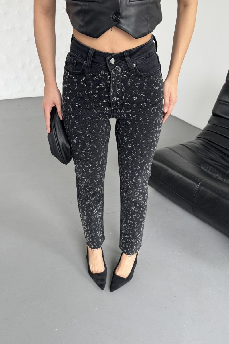 Leopar Taşlı Mom Fit Kot Pantolon