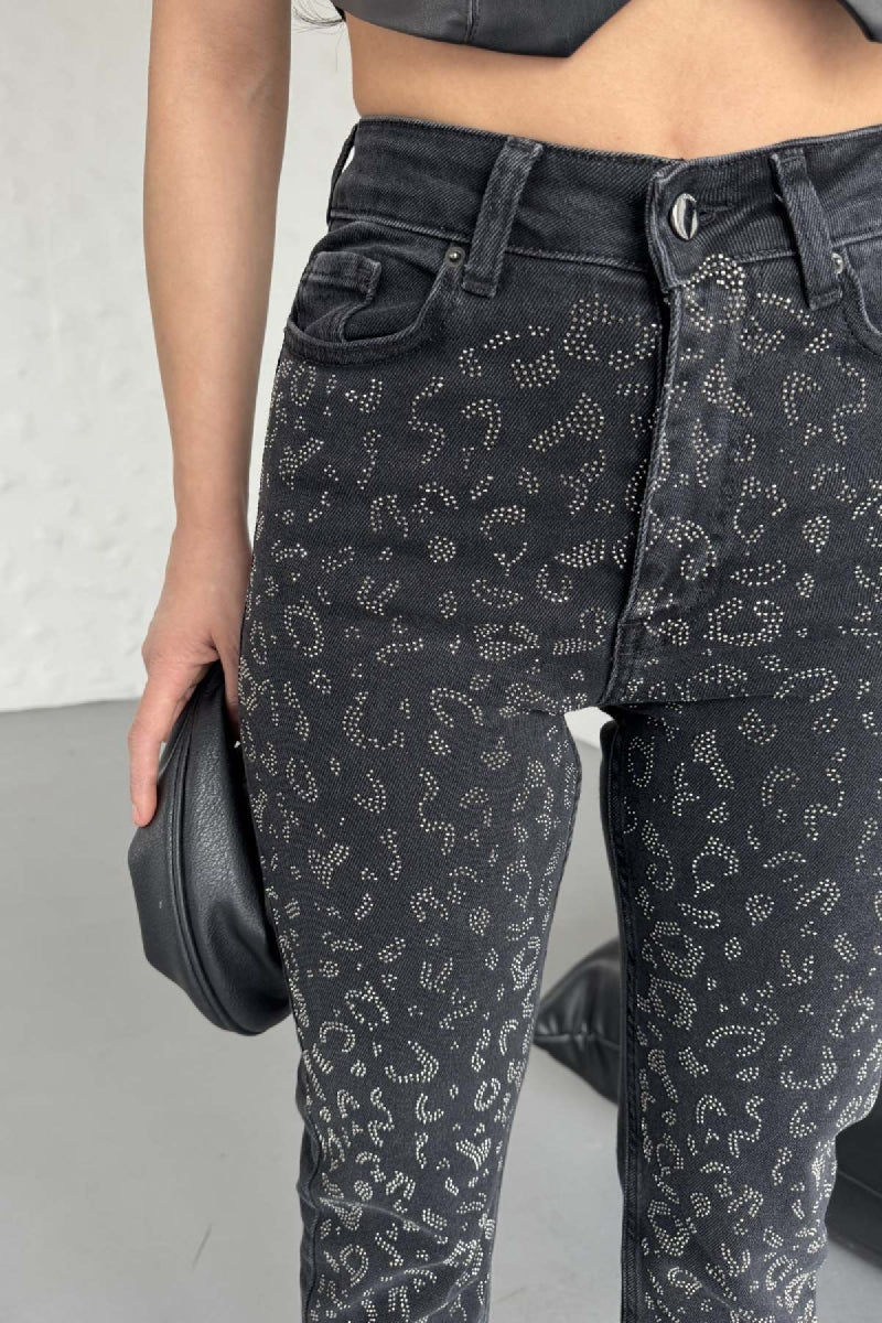 Leopar Taşlı Mom Fit Kot Pantolon