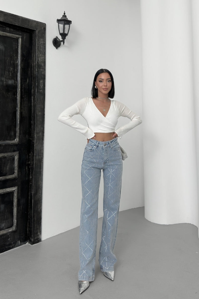 Baklava Desenli Taşlı Kot Pantolon