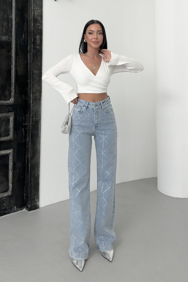 Baklava Desenli Taşlı Kot Pantolon