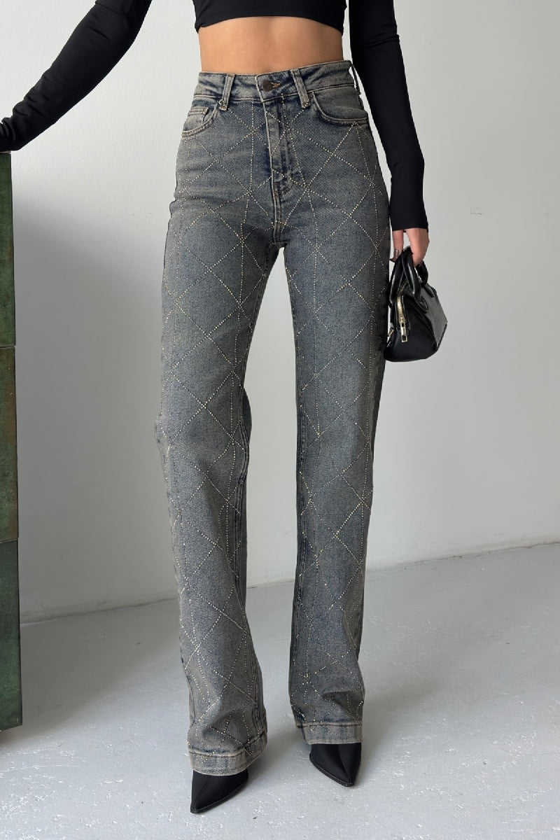 Baklava Desenli Taşlı Kot Pantolon