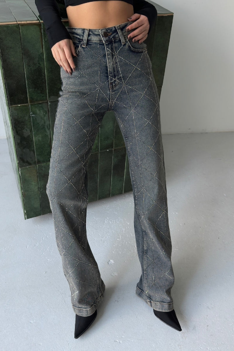 Baklava Desenli Taşlı Kot Pantolon