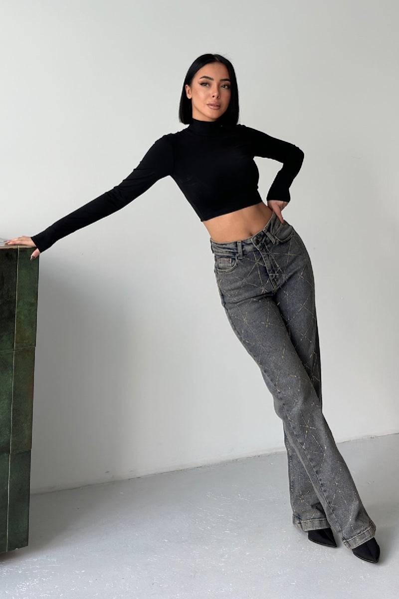 Baklava Desenli Taşlı Kot Pantolon