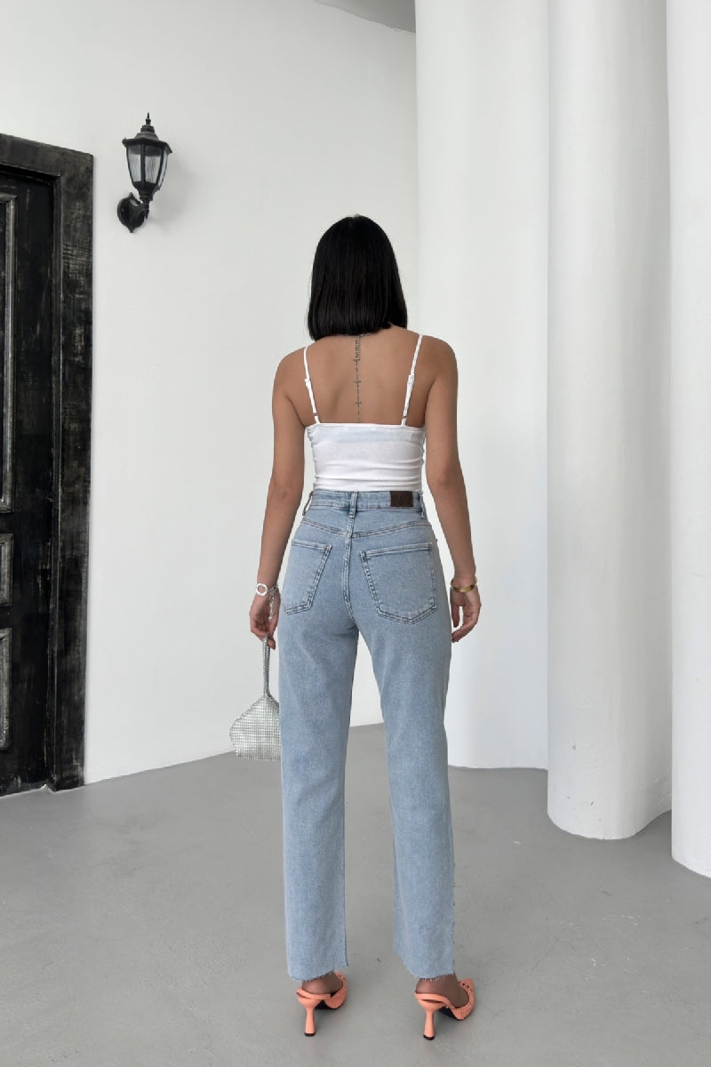 Taşlı Mom Fit Kot Pantolon