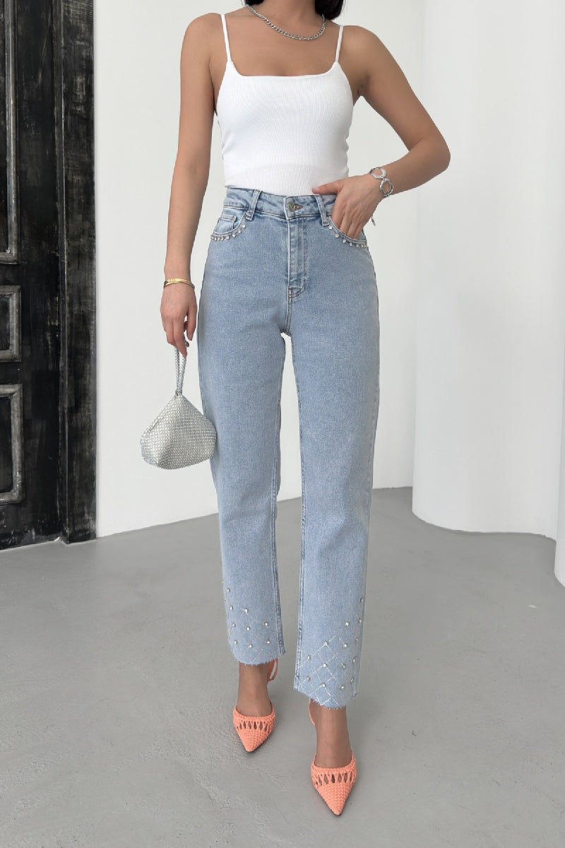 Taşlı Mom Fit Kot Pantolon