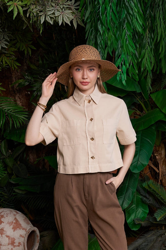 Düğmeli Kısa Kollu Keten Gömlek